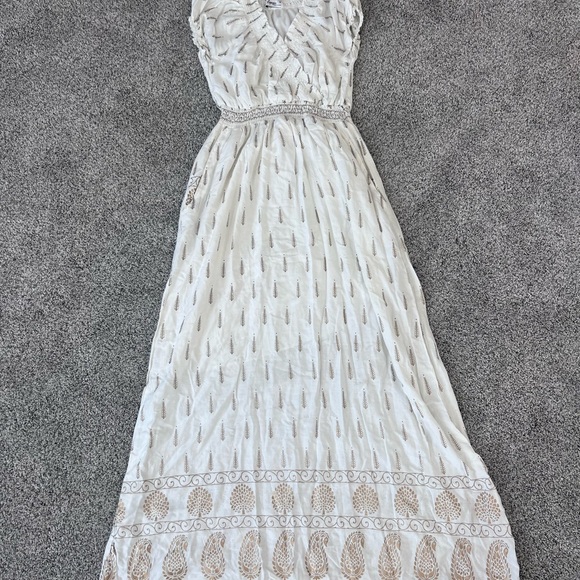 Lapogee Ivory Gold Boho Western Hippie Rayon Elastic Waist Lined Maxi Dress M - Picture 1 of 10
